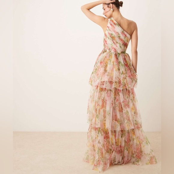 ASOS Lace & Bead One Shoulder Tiered Tulle Maxi Dress in Bright Floral - US 2 - Picture 5 of 6